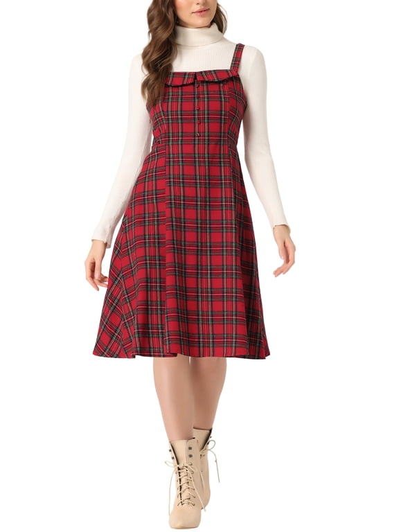 Women's Suspender Dress Retro Plaid Square Neck A-Line Midi Overall Dress M Red