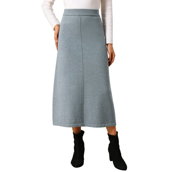 INSPIRE CHIC Women's Sweater Skirt Elastic High Waist Stretchy Ribbed Knit A-Line Midi Skirts Fall Winter Outfits L Grey