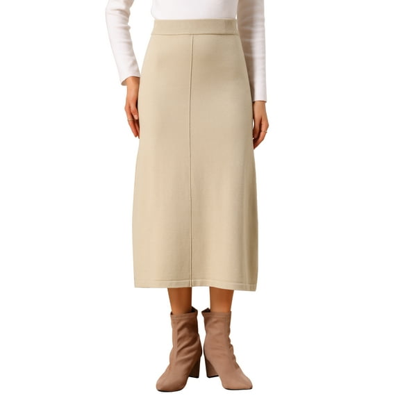 INSPIRE CHIC Women's Sweater Skirt Elastic High Waist Stretchy Ribbed Knit A-Line Midi Skirts Fall Winter Outfits S Apricot