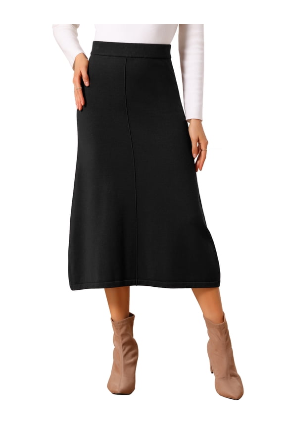 Women's Sweater Skirt Elastic High Waist Stretchy Ribbed Knit A-Line Midi Skirts Fall Winter Outfits XL Black