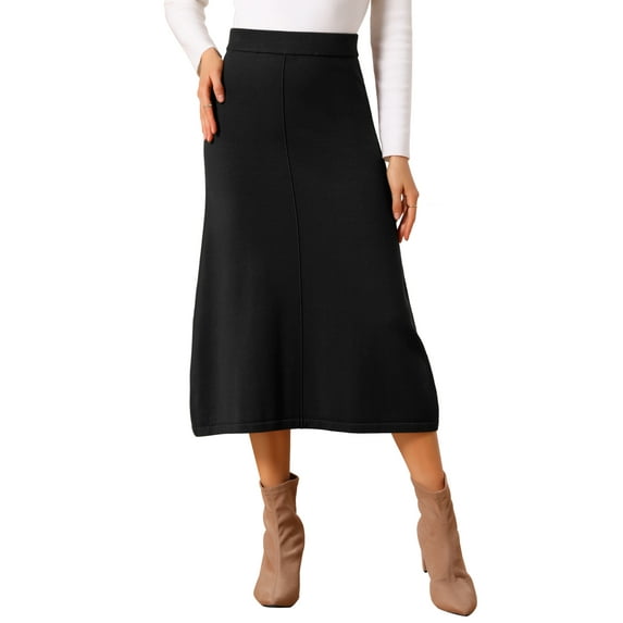 INSPIRE CHIC Women's Sweater Skirt Elastic High Waist Stretchy Ribbed Knit A-Line Midi Skirts Fall Winter Outfits XL Black