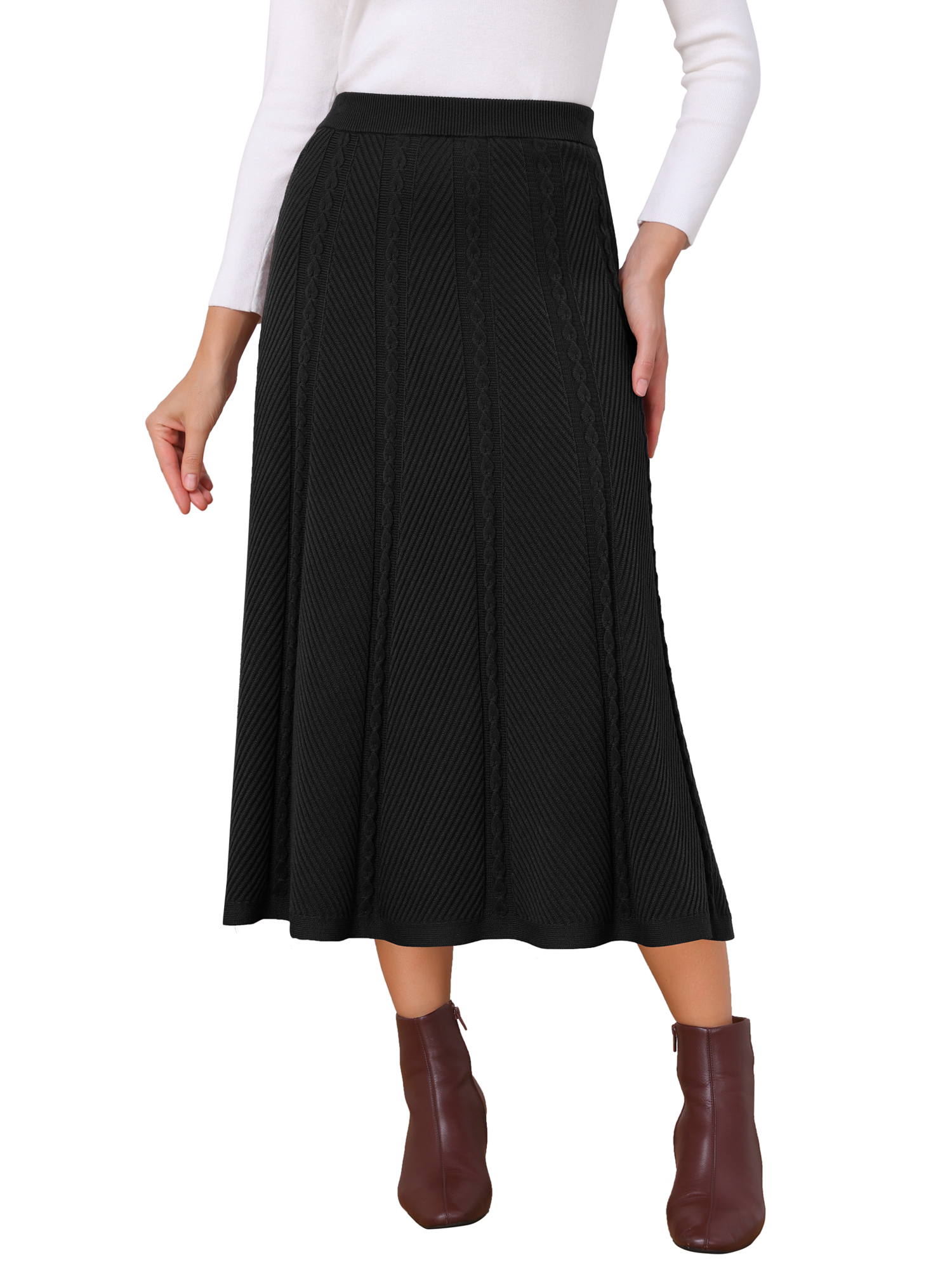 INSPIRE CHIC Women's Sweater A-Line Skirts Fall Winter Elastic High Waist Stretchy Ribbed Knit Midi Skirt M Black