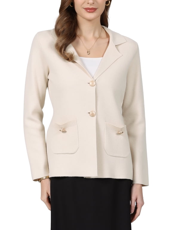 Women's Sweater Blazer Business Casual Lapel Neck Button Knit Suit Jacket with Pockets M Beige