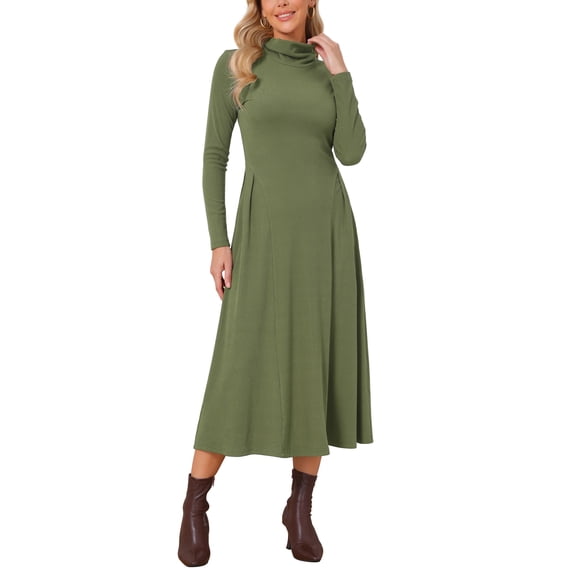 Women's Sweater Dress Turtleneck 2026 Long Sleeve A Line Flare Ribbed Knit Maxi Dresses XL Green