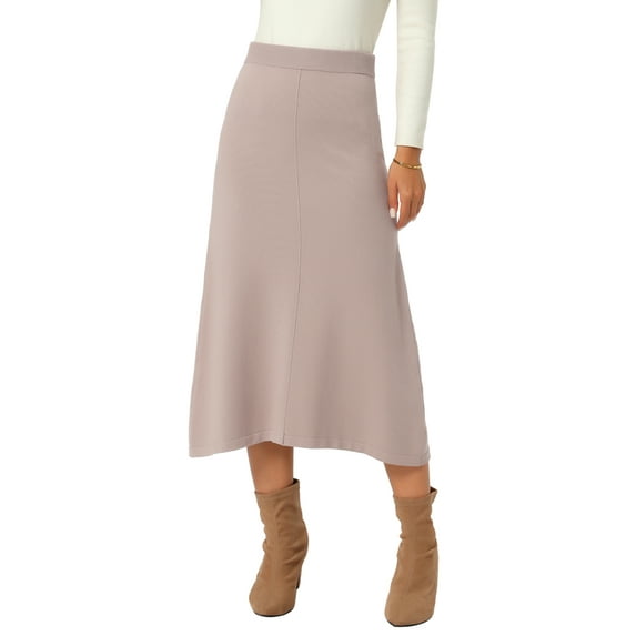 INSPIRE CHIC Women's Sweater Skirt Elastic High Waist Stretchy Ribbed Knit A-Line Midi Skirts Fall Winter Outfits L Khaki
