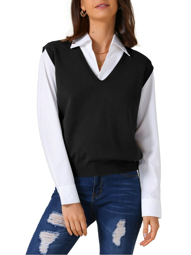 INSPIRE CHIC Women's Sweater Vest V Neck Sleeveless Uniform