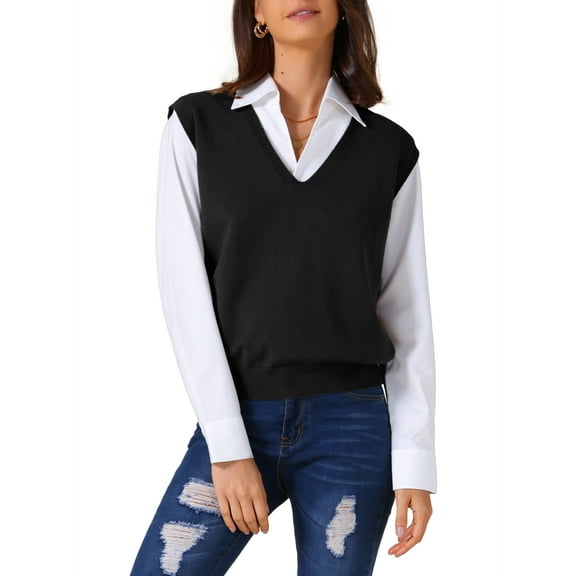 INSPIRE CHIC Women's Sweater Vest V Neck Sleeveless Uniform Classic Knitted Pullover Tops L Black