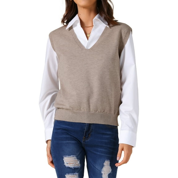 INSPIRE CHIC Women's Sweater Vest V Neck Sleeveless Uniform Classic Knitted Pullover Tops L Khaki