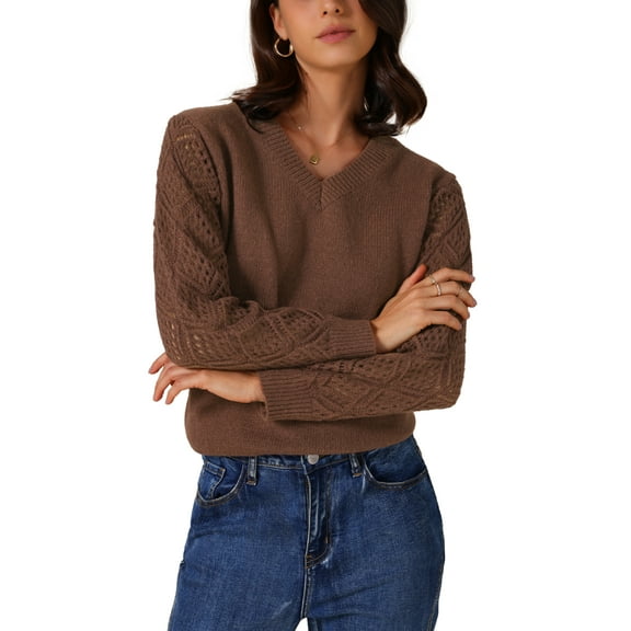 INSPIRE CHIC Women's Sweaters V Neck Knit Crochet Hollow Out Long Sleeve Pullover Sweater Top L Brown