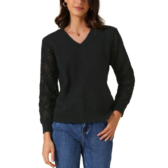 INSPIRE CHIC Women's Sweaters V Neck Knit Crochet Hollow Out Long Sleeve Pullover Sweater Top M Black