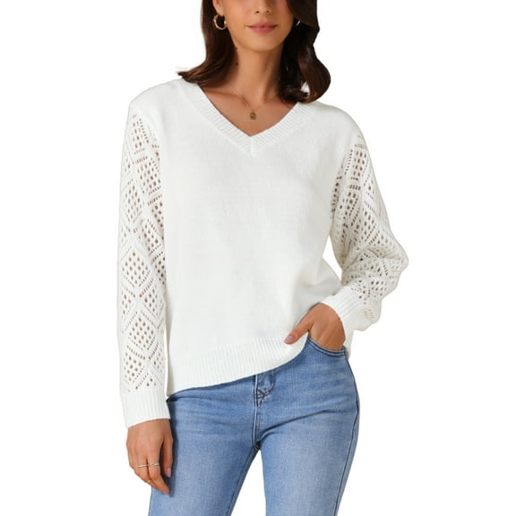 INSPIRE CHIC Women's Sweaters V Neck Knit Crochet Hollow Out Long Sleeve Pullover Sweater Top XL White