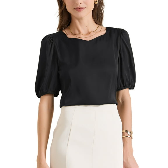 INSPIRE CHIC Women's Sweetheart Neck Half Sleeve Office Work Satin Blouse S Black