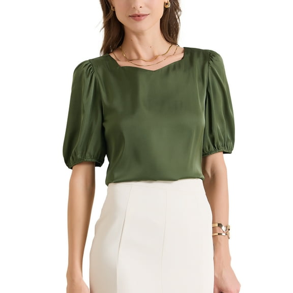 INSPIRE CHIC Women's Sweetheart Neck Half Sleeve Office Work Satin Blouse XS Green