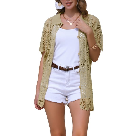 INSPIRE CHIC Women's Swimsuit Cover Up Button Down Short Sleeve Crochet Coverups L Khaki