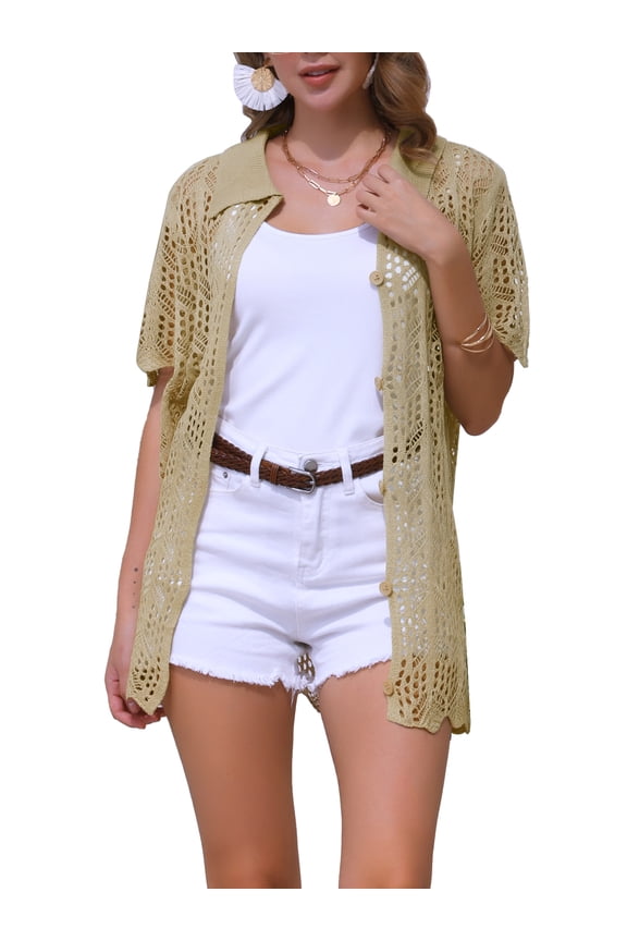 Women's Swimsuit Cover Up Button Down Short Sleeve Crochet Coverups M Khaki