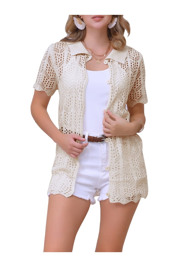 Women's Swimsuit Cover Up Button Down Short Sleeve Crochet Coverups S Apricot