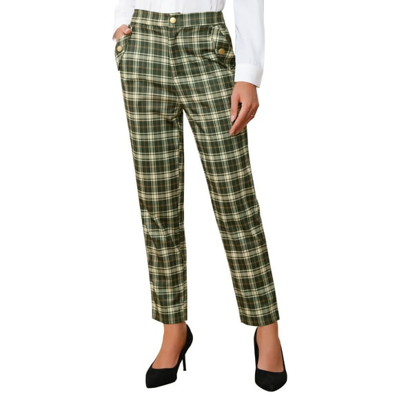 INSPIRE CHIC Women's Tartan Plaid Pants Elastic High Waist Straight Long Trousers L Army Green