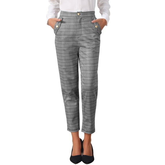 INSPIRE CHIC Women's Tartan Plaid Pants Elastic High Waist Straight Long Trousers L Grey Black