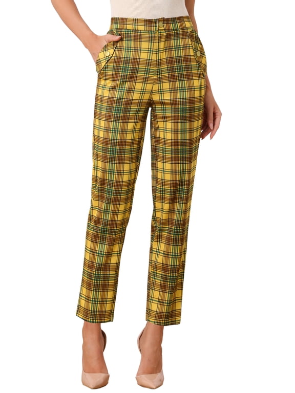 Women's Tartan Plaid Pants Elastic High Waist Straight Long Trousers M Yellow