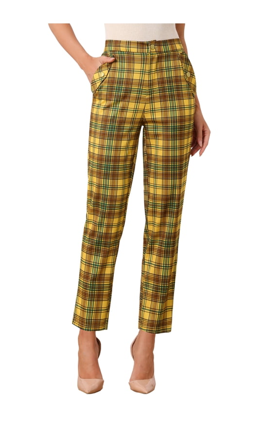 Women's Tartan Plaid Pants Elastic High Waist Straight Long Trousers M Yellow