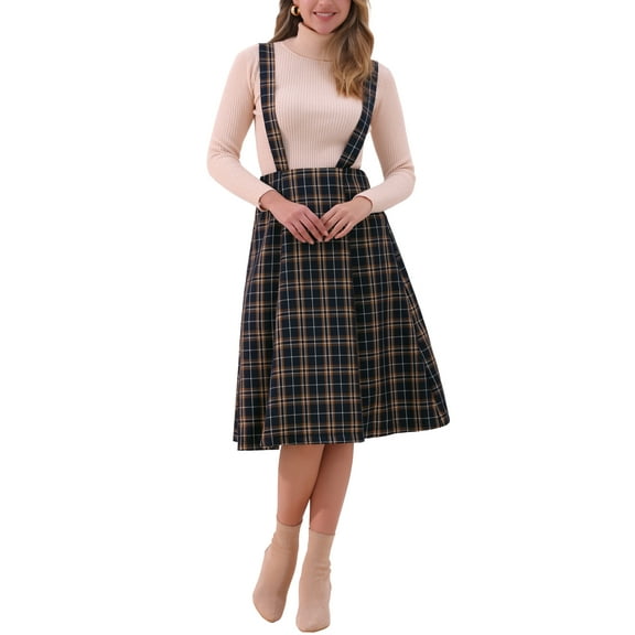 INSPIRE CHIC Women's Tartan Plaid Suspender Skirt Vintage High Waist A-Line Midi Overall Dress L Blue Plaid