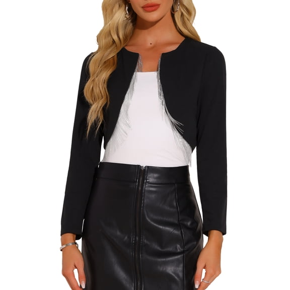 INSPIRE CHIC Women's Tassel Trim Long Sleeve Collarless Cocktail Party Cropped Open Front Blazer L Black