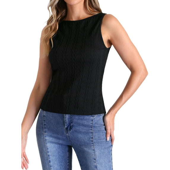INSPIRE CHIC Women's Textured Knit Sleeveless Boat Neck Basic Tank Top M Black