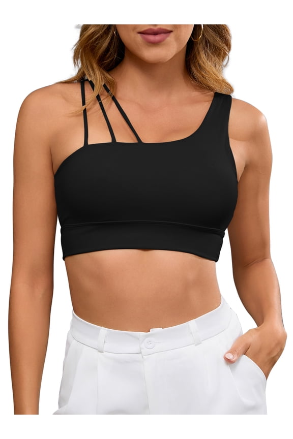 Women's Three Spaghetti Thin Straps Asymmetrical Sports Bra Workout Fitness Tank Top M Black
