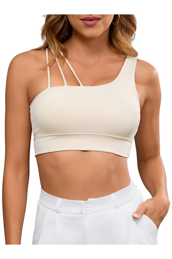 Women's Three Spaghetti Thin Straps Asymmetrical Sports Bra Workout Fitness Tank Top S Beige