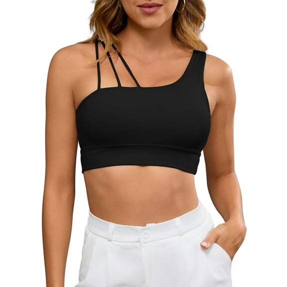INSPIRE CHIC Women's Three Spaghetti Thin Straps Asymmetrical Sports Bra Workout Fitness Tank Top XL Black