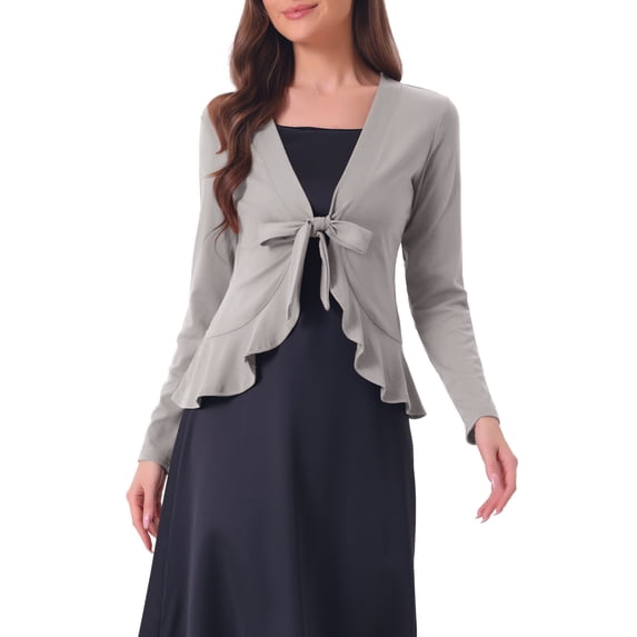 INSPIRE CHIC Women's Tie Front Long Sleeve Ruffled Hem Open Front Knit Cardigan M Gray