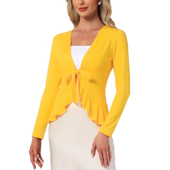 INSPIRE CHIC Women's Tie Front Long Sleeve Ruffled Hem Open Front Knit Cardigan XS Deep Yellow
