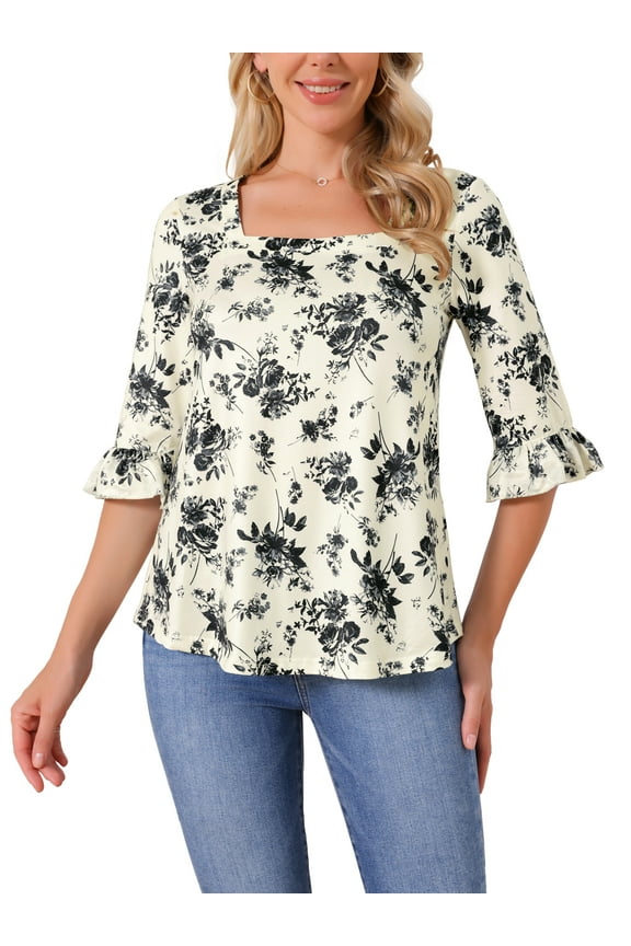 Women's Top Fall Floral Casual Square Neck Ruffle 3/4 Sleeve Tunic Top L Beige