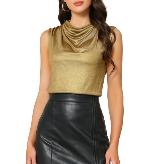 INSPIRE CHIC Women's Top Metallic Ruched Cowl Neck Sleeveless Party Shiny Tank Tops L Golden