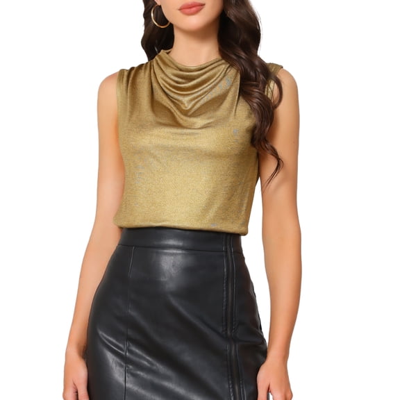INSPIRE CHIC Women's Top Metallic Ruched Cowl Neck Sleeveless Party Shiny Tank Tops XL Golden