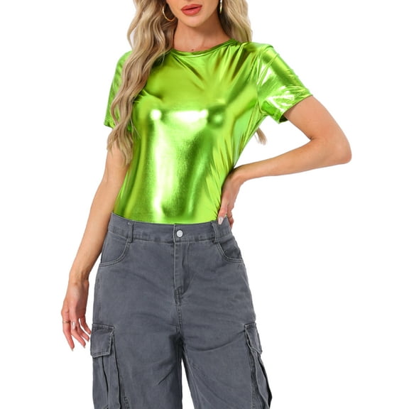 INSPIRE CHIC Women's Metallic Textured Short Sleeve Shiny Party Tops XL Mustard Green