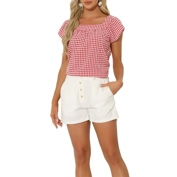 INSPIRE CHIC Women's Top Summer Square Neck Gingham Cap Sleeve Blouses 3XL Red