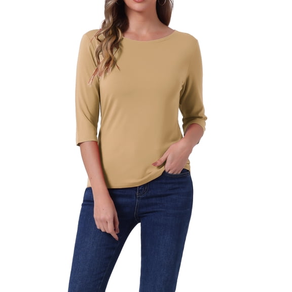 INSPIRE CHIC Women's Tops Elbow Sleeves Boat Neck Slim Fit Classic Casual Tee Shirt M Khaki