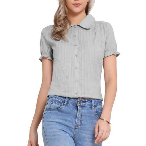 INSPIRE CHIC Women's Chic Tops Peter Pan Collar 1950s Vintage Button Down Cotton Blouses L Light Gray