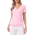 thumbnail image 1 of INSPIRE CHIC Women's Wrap Tops V Neck Short Sleeves Button Decor Ruched Causal Blouses Light Pink M, 1 of 6