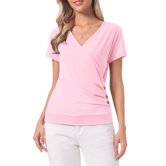 INSPIRE CHIC Women's Wrap Tops V Neck Short Sleeves Button Decor Ruched Causal Blouses Light Pink M