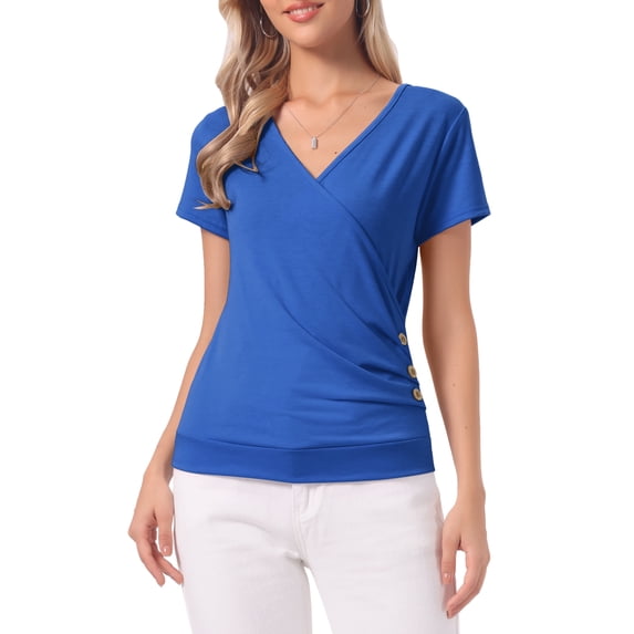 INSPIRE CHIC Women's Wrap Tops V Neck Short Sleeves Button Decor Ruched Causal Blouses Royal Blue XL