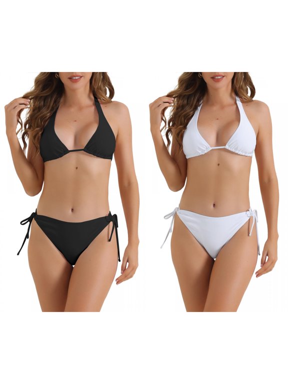 Women's Triangle Halter Bikini Sets 2 Piece String Tie Back Swimsuit Triangle Bottoms Swimwear Bathing Suits 2 Sets Large Black, White