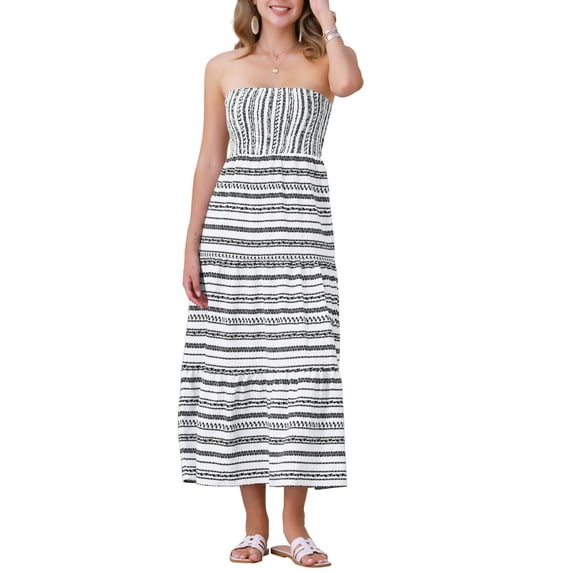 INSPIRE CHIC Women's Tube Maxi Dress Smocked Long Floral Boho Dresses XS White