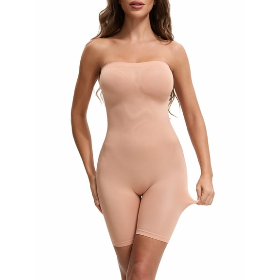INSPIRE CHIC Women's Tube Top Shapewear Bodysuits Tummy Control Butt Lifter Body Shaper Strapless Mid Thigh Jumpsuit L Beige