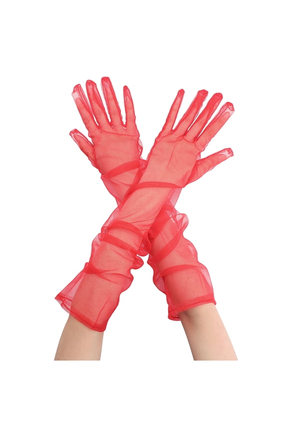 Women's Tulle Long Opera Gloves Full Finger Mesh Sheer Glove for Evening Wedding 1 Pair Red M