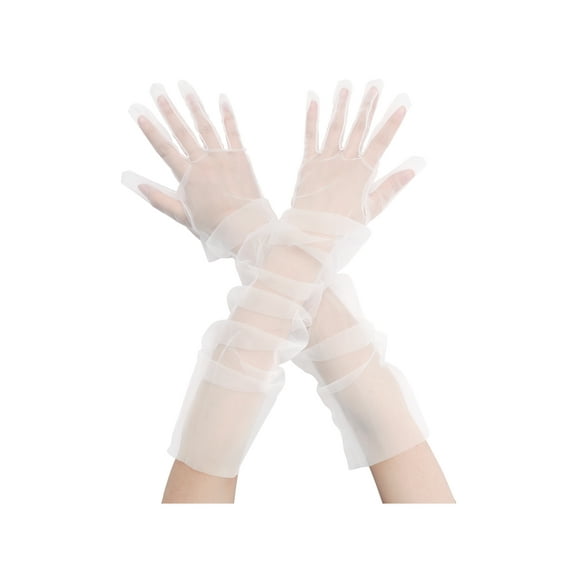 INSPIRE CHIC Women's Tulle Long Opera Gloves Full Finger Mesh Sheer Glove for Evening Wedding White L