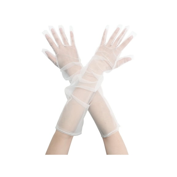 INSPIRE CHIC Women's Tulle Long Opera Gloves Full Finger Mesh Sheer Glove for Evening Wedding White M
