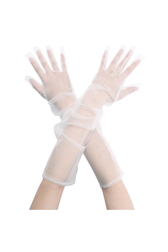 Women's Tulle Long Opera Gloves Full Finger Mesh Sheer Glove for Evening Wedding White M