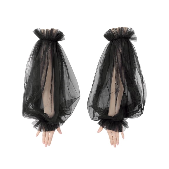 INSPIRE CHIC Women's Tulle Solid Color Transparent Fingerless Thin Sheer Large Lantern Sleeve One Size Black